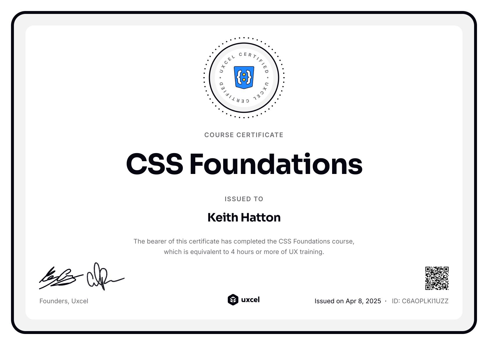 Keith Hatton's certificate